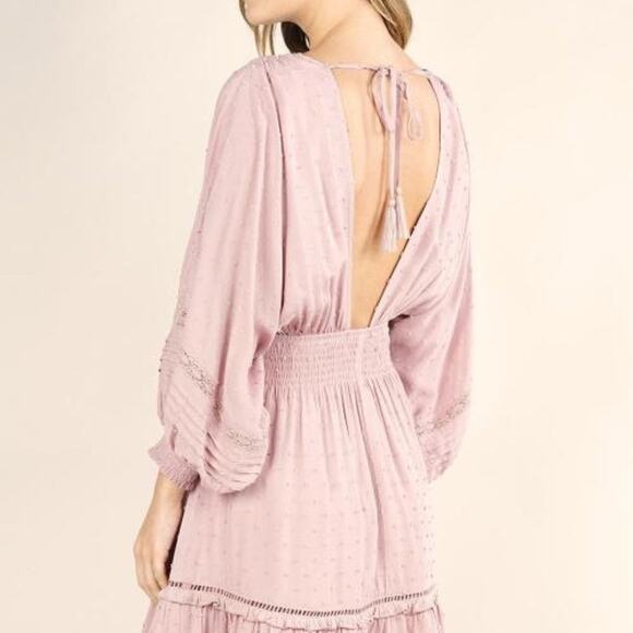 Boho Swiss Dot Crochet Accent Open Tassel Tie Back Womens Balloon Sleeve Dress S - Picture 5 of 14